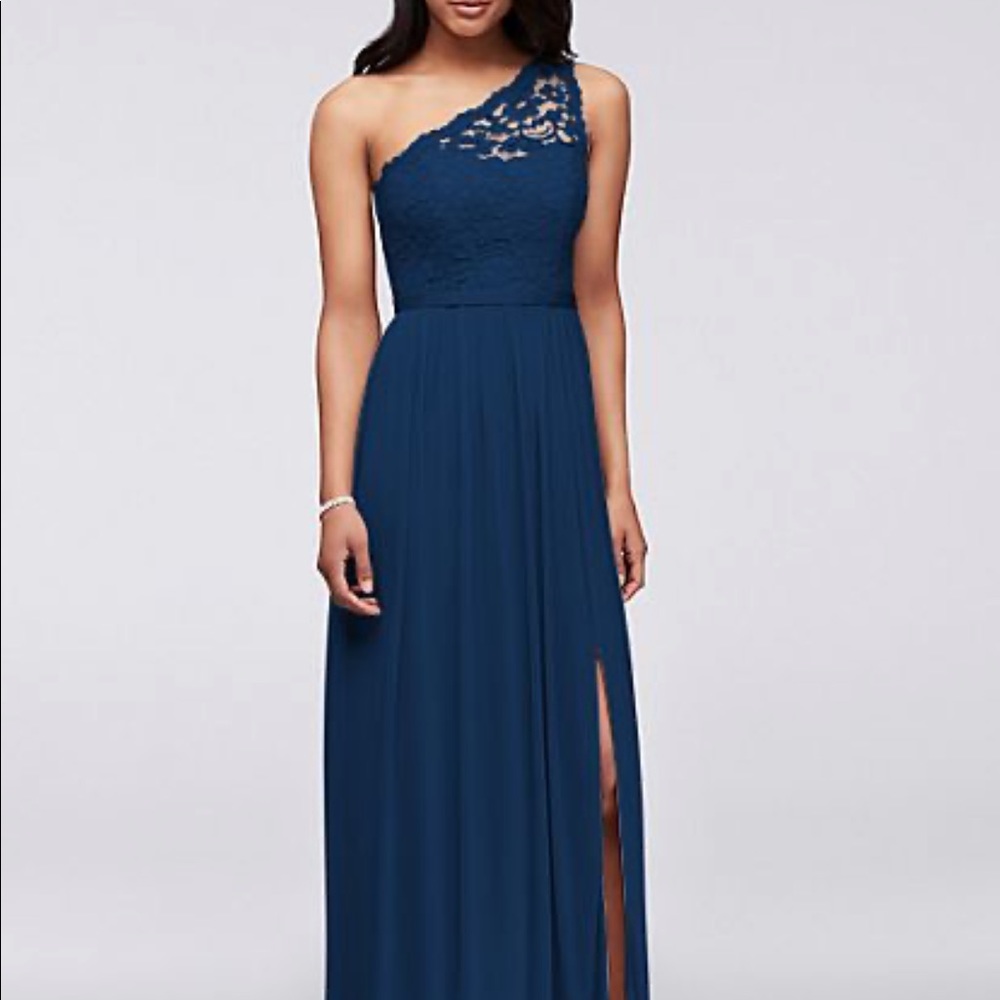 David’s Bridal Navy Lace One Shoulder Dress